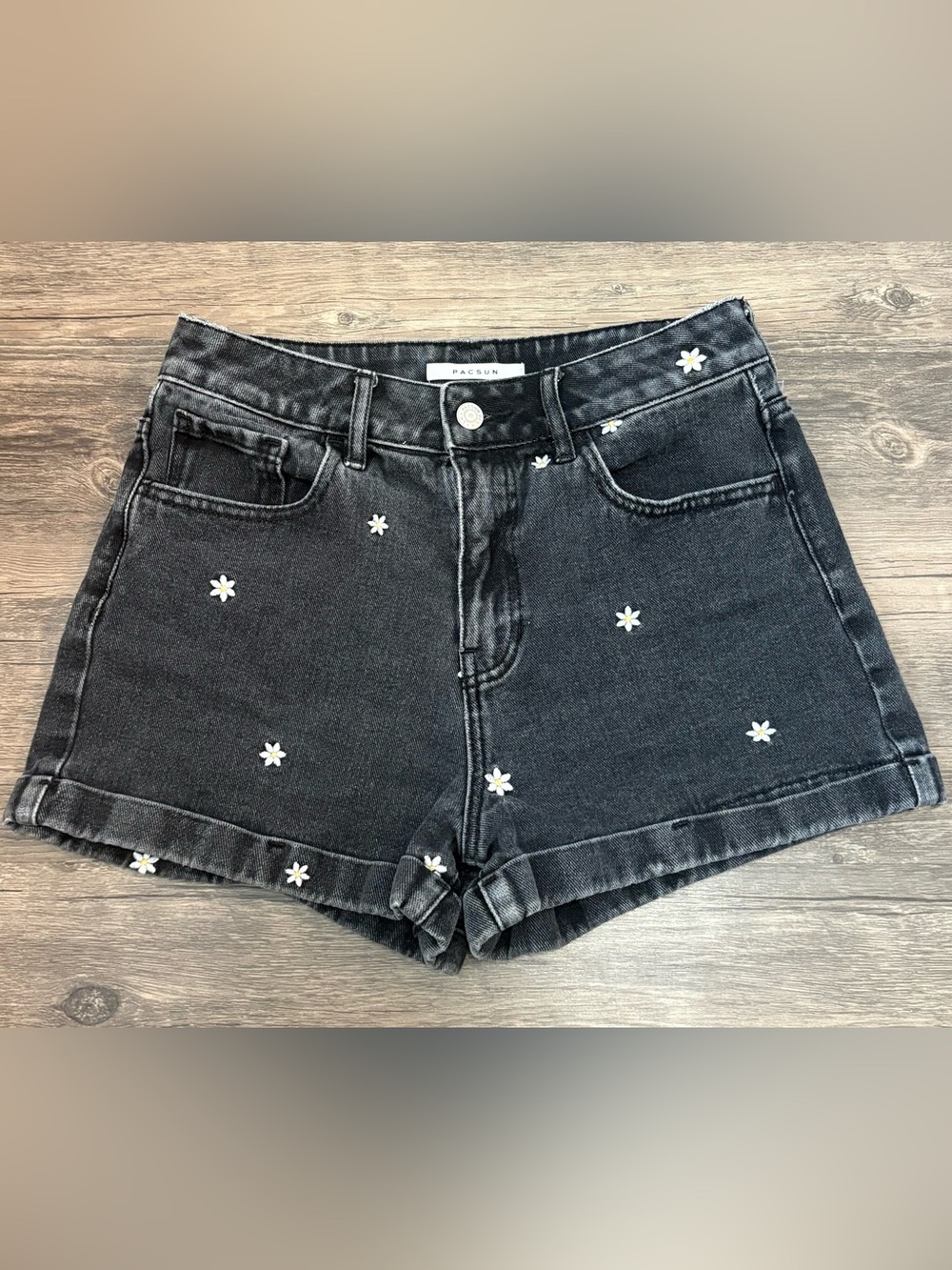 PacSun Black Daisy Embroidered Jean Shorts